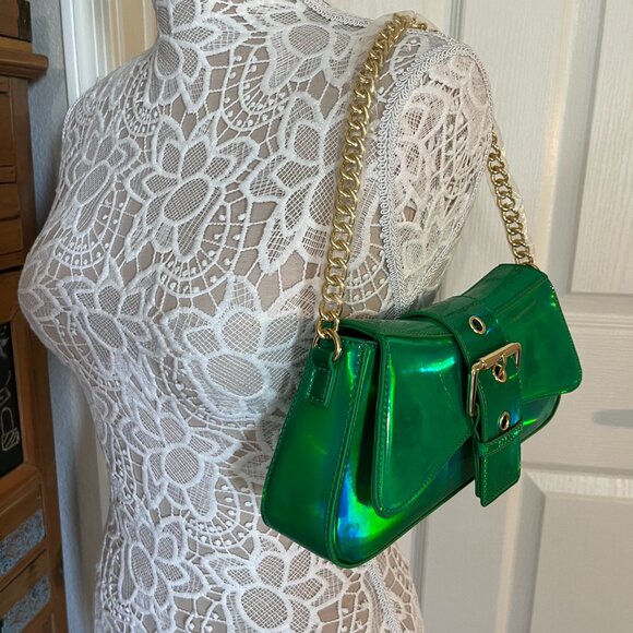 Iridescent Metallic Shiny Green  - Gold Buckle Crossbody / Chain Straps - NWT - Picture 2 of 10